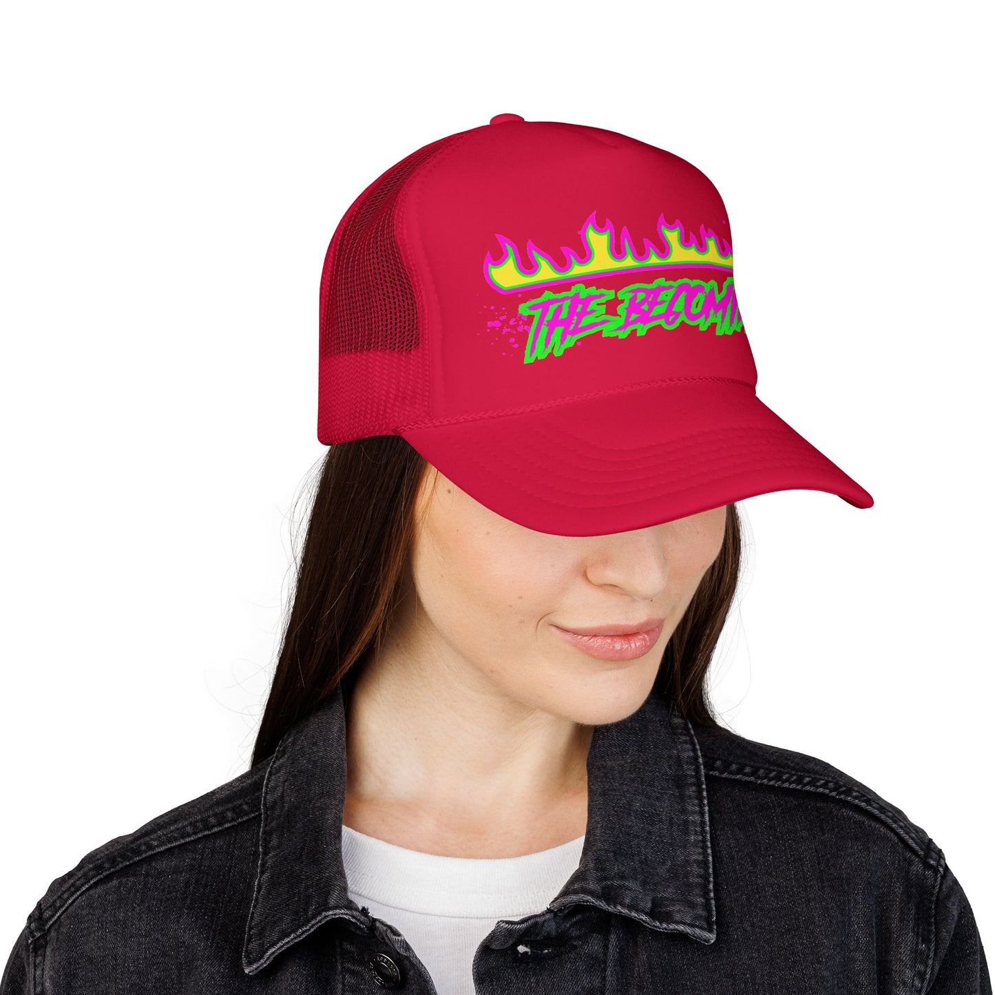 Neon Flame 'The Reccmn' Trucker Hat — Retro 80s Skate Punk Foam Mesh Cap