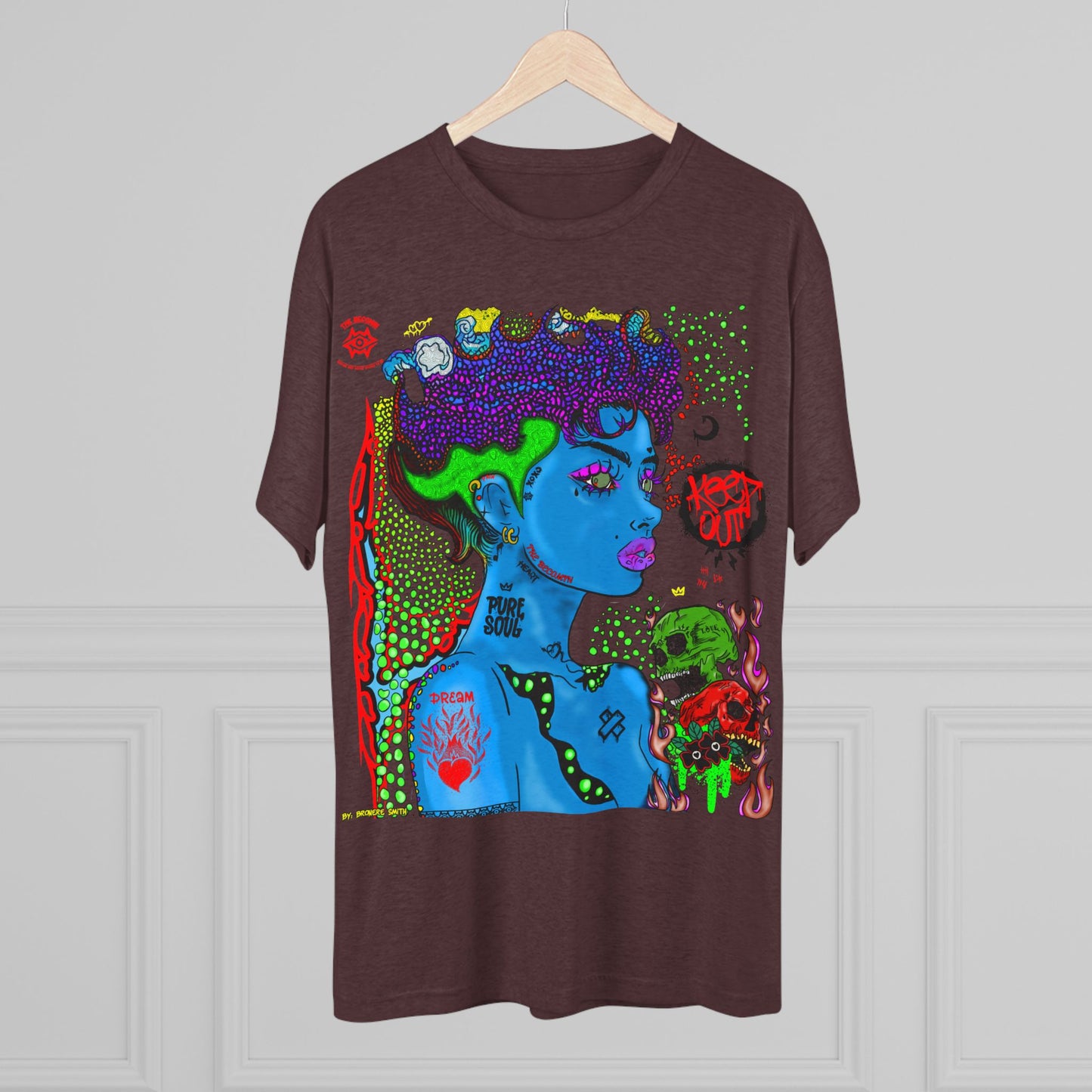 Psychedelic Blue Portrait Tee — Vivid Heart Grasp Graphic T-Shirt