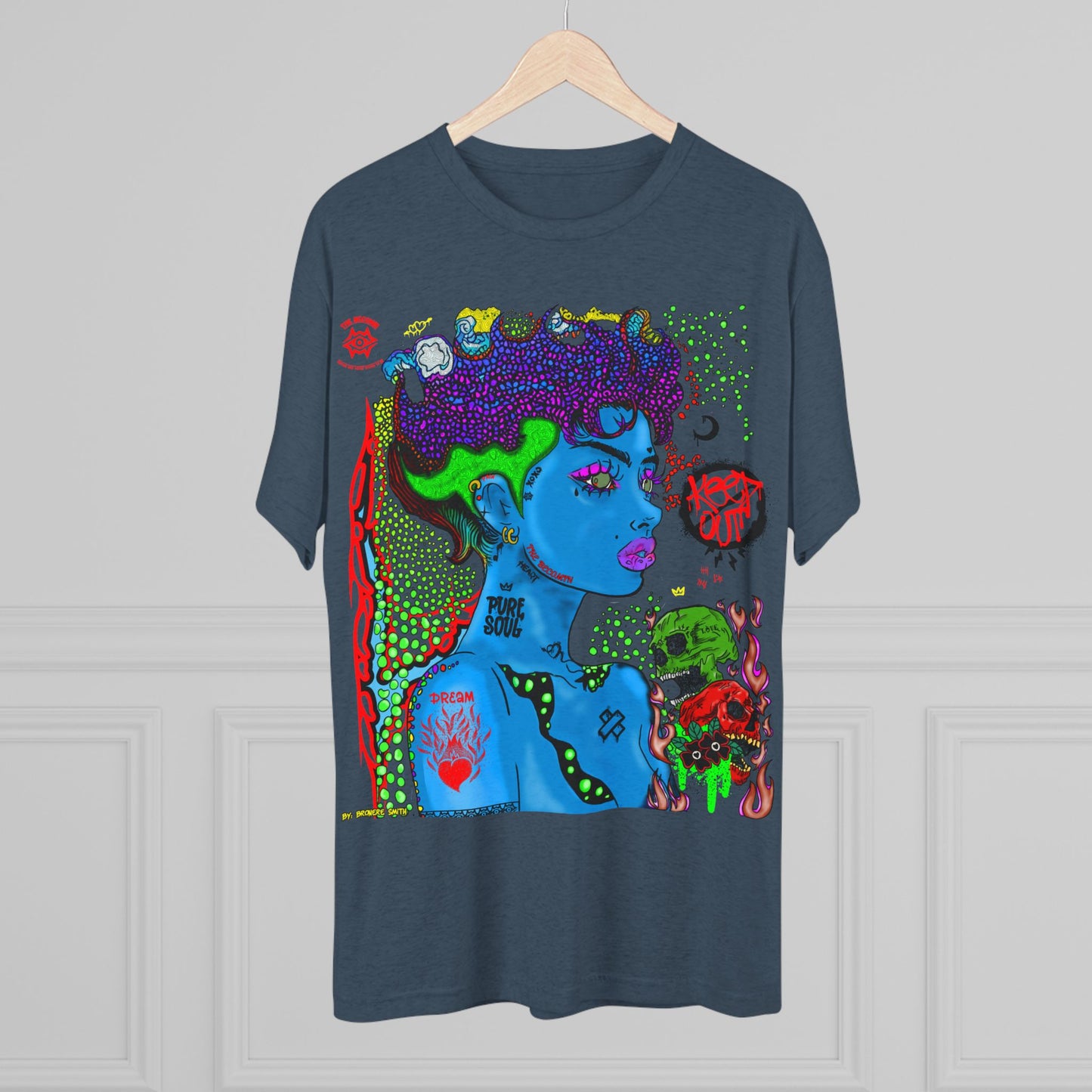 Psychedelic Blue Portrait Tee — Vivid Heart Grasp Graphic T-Shirt