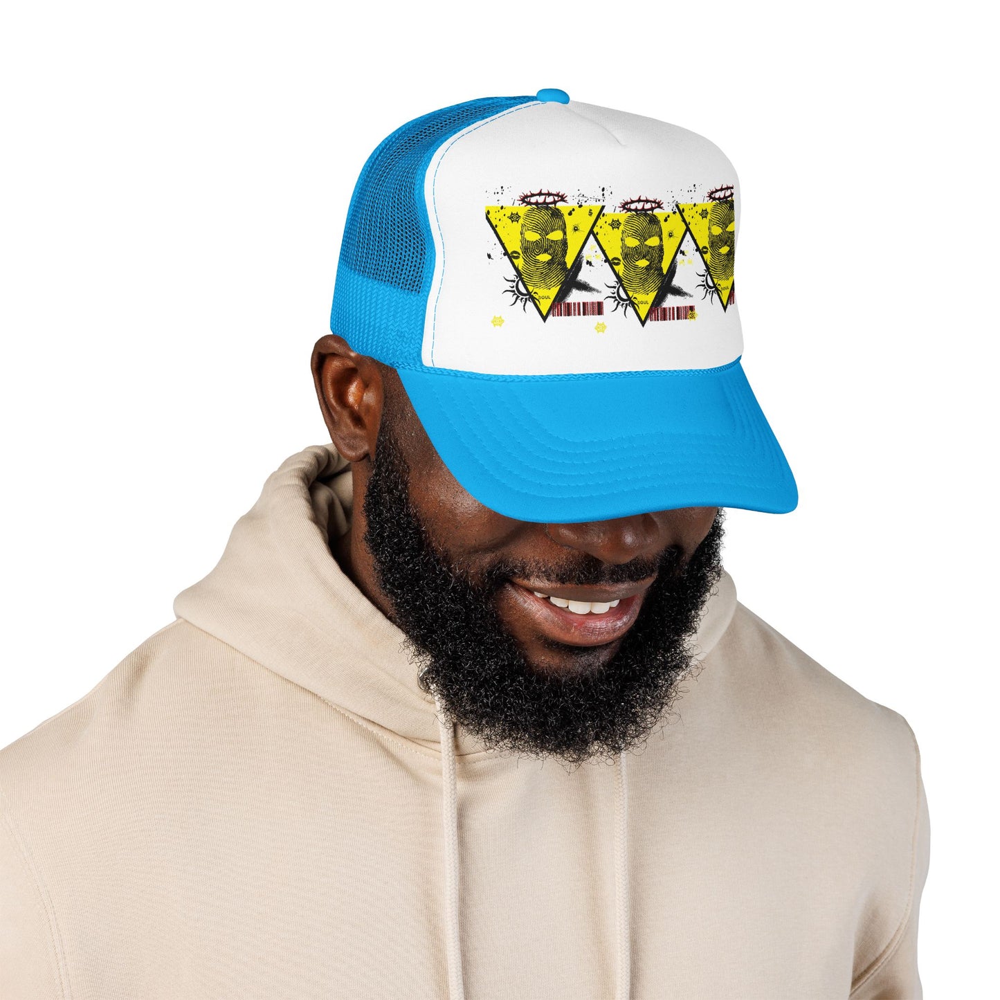 Trucker Hat — Grunge Yellow Skulls Triangle Graphic Foam Cap