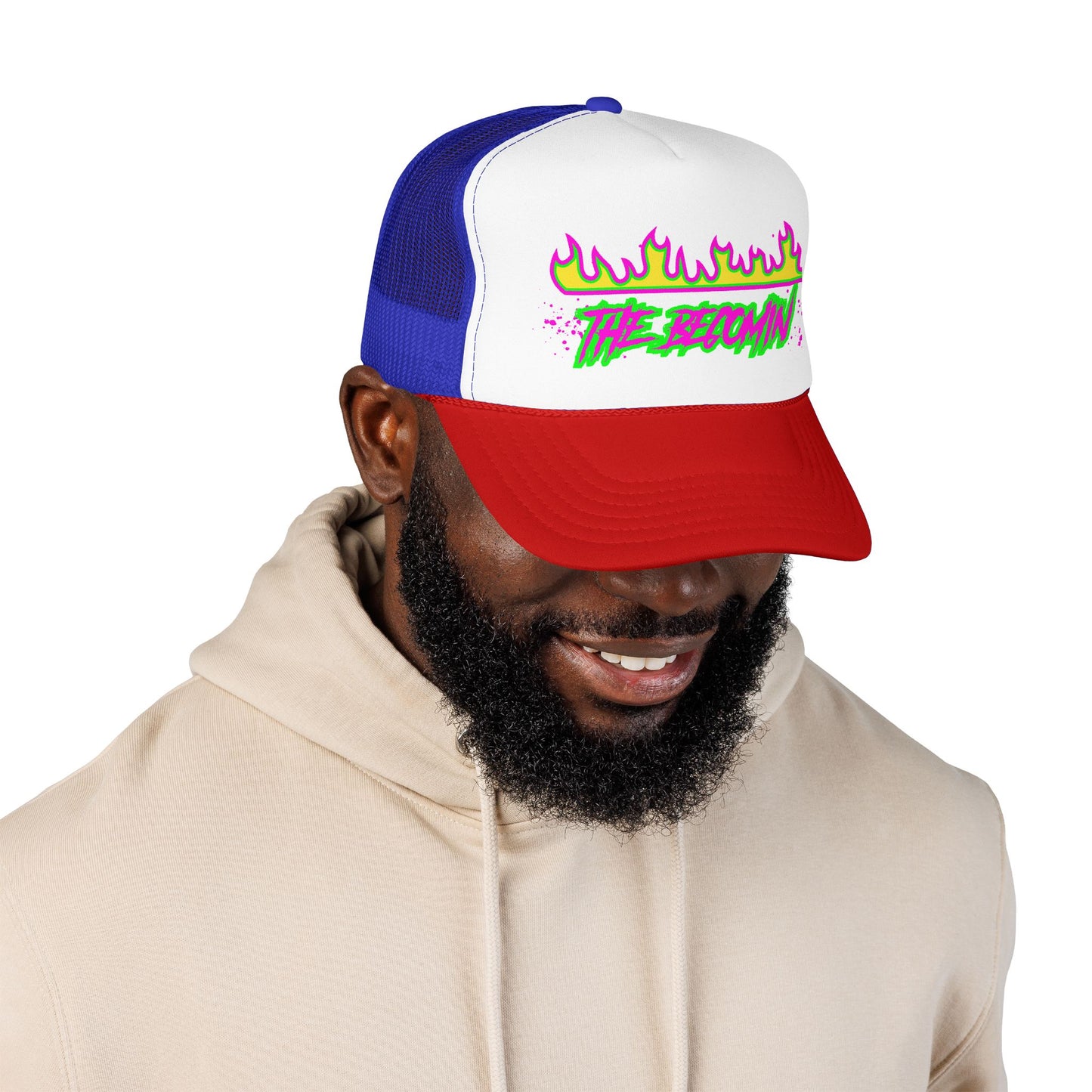 Neon Flame 'The Reccmn' Trucker Hat — Retro 80s Skate Punk Foam Mesh Cap