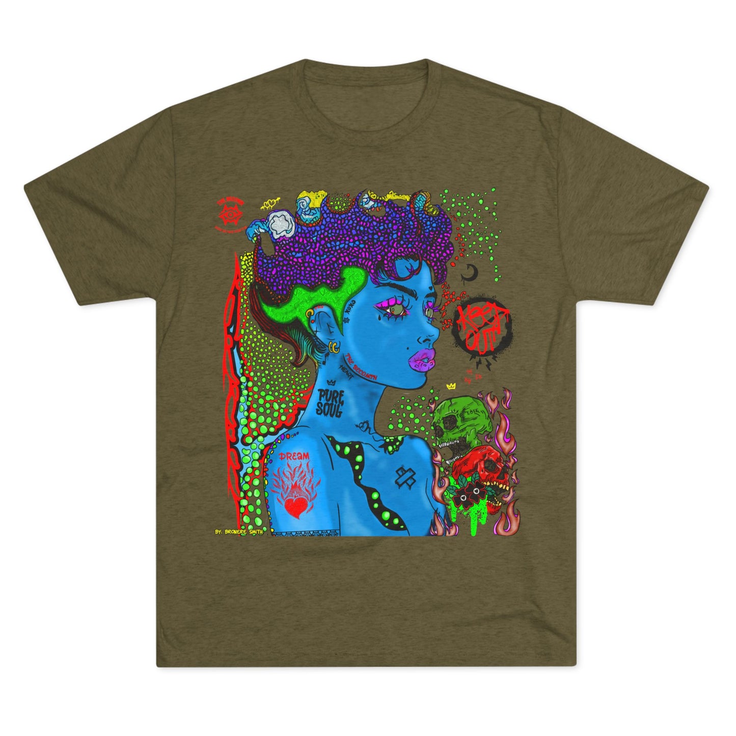 Psychedelic Blue Portrait Tee — Vivid Heart Grasp Graphic T-Shirt