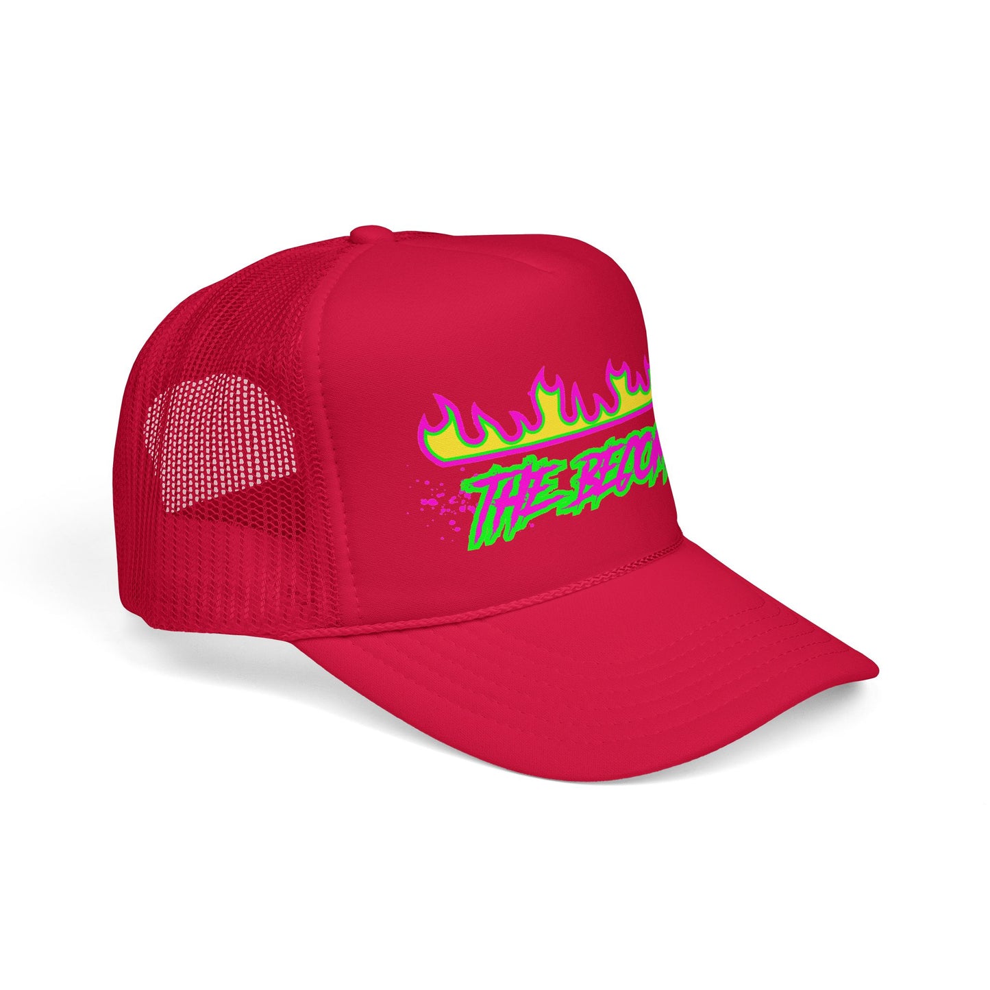 Neon Flame 'The Reccmn' Trucker Hat — Retro 80s Skate Punk Foam Mesh Cap