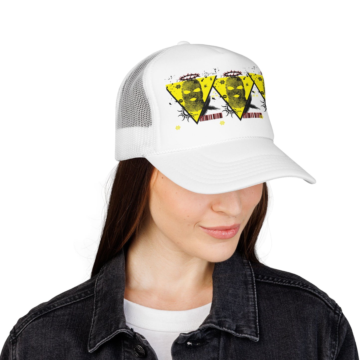 Trucker Hat — Grunge Yellow Skulls Triangle Graphic Foam Cap