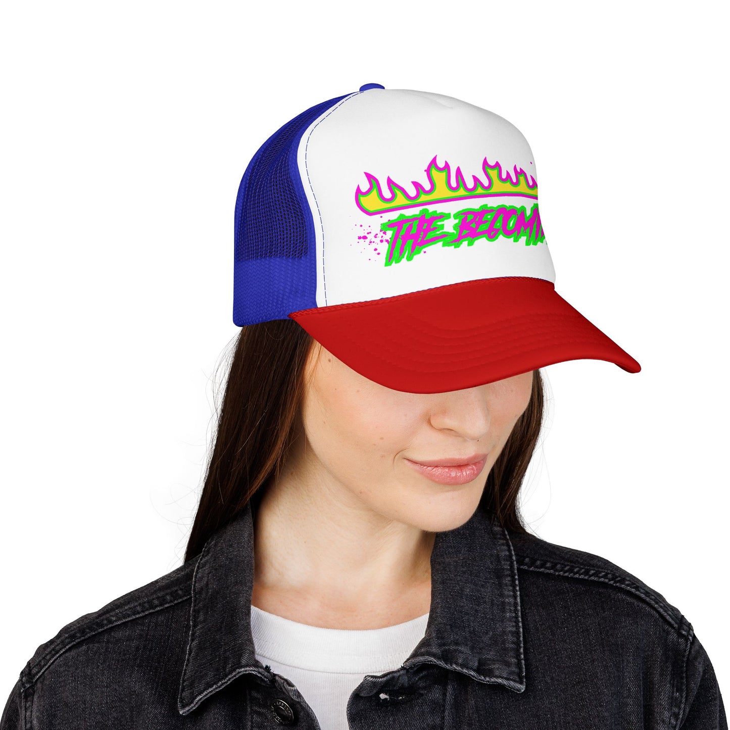 Neon Flame 'The Reccmn' Trucker Hat — Retro 80s Skate Punk Foam Mesh Cap
