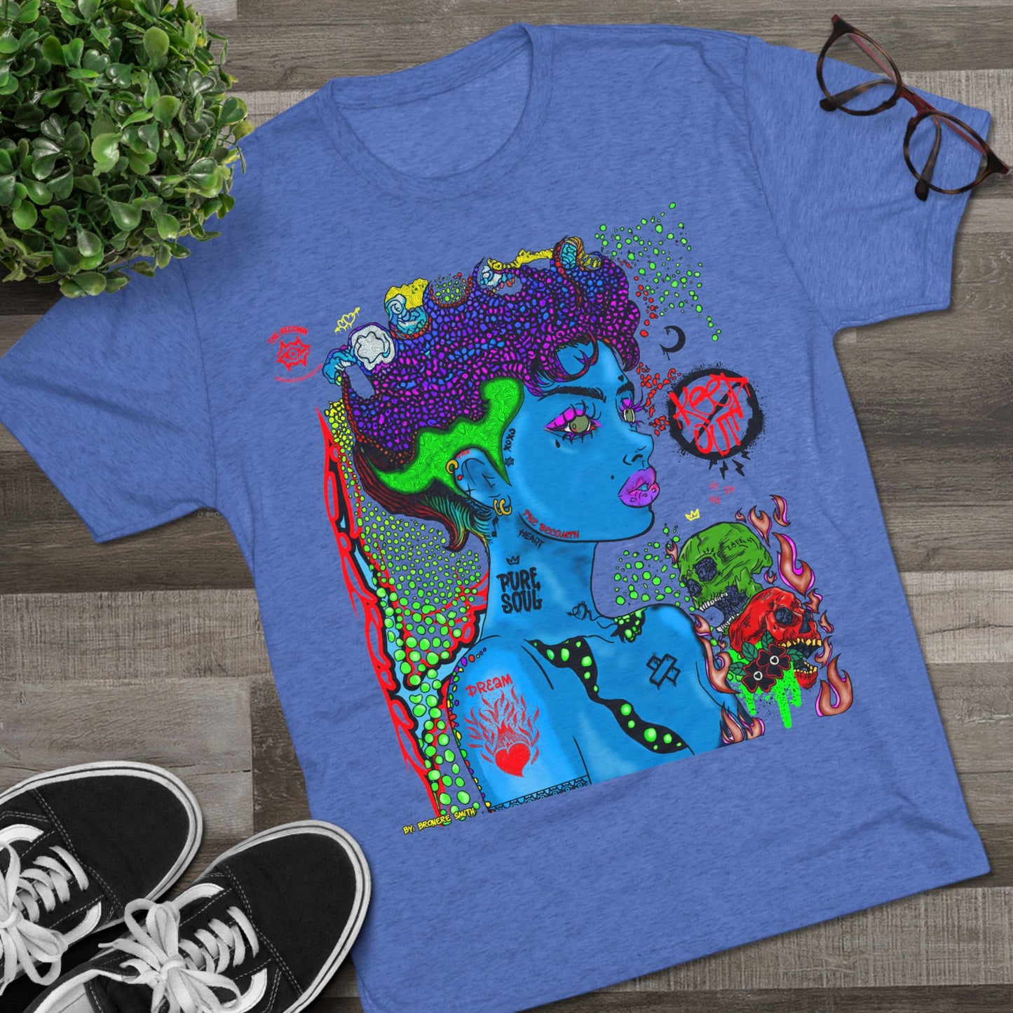 Psychedelic Blue Portrait Tee — Vivid Heart Grasp Graphic T-Shirt