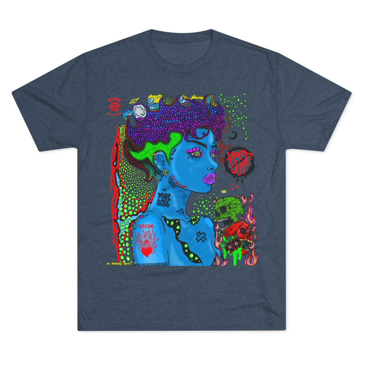 Psychedelic Blue Portrait Tee — Vivid Heart Grasp Graphic T-Shirt