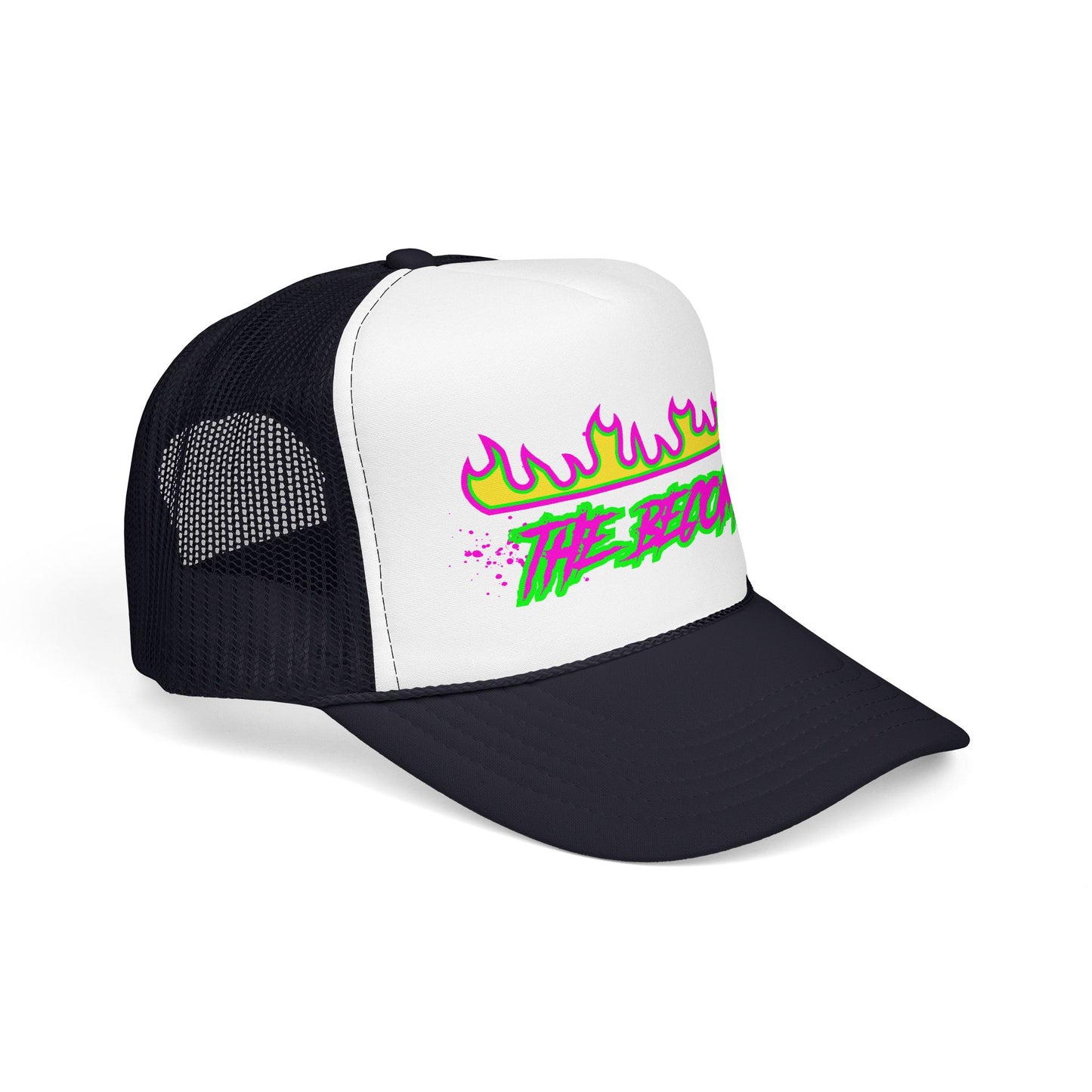 Neon Flame 'The Reccmn' Trucker Hat — Retro 80s Skate Punk Foam Mesh Cap