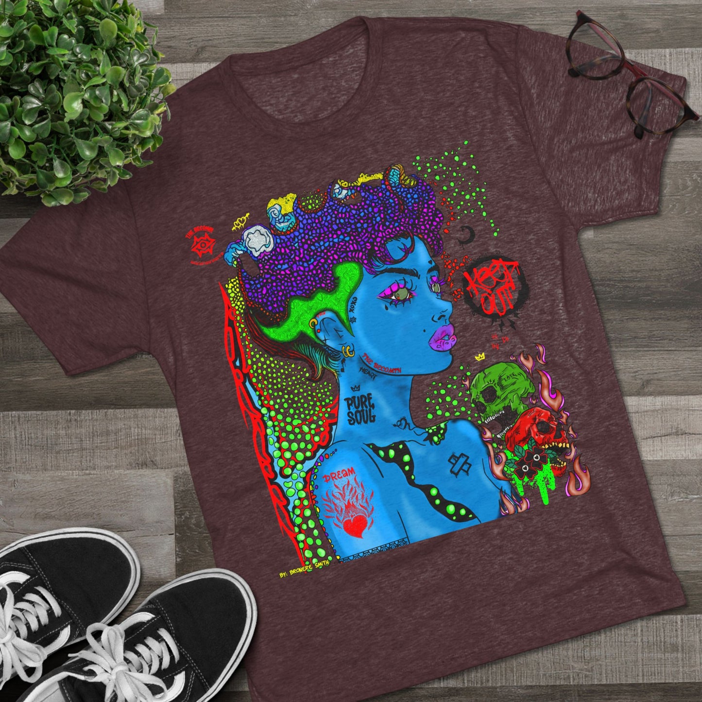Psychedelic Blue Portrait Tee — Vivid Heart Grasp Graphic T-Shirt