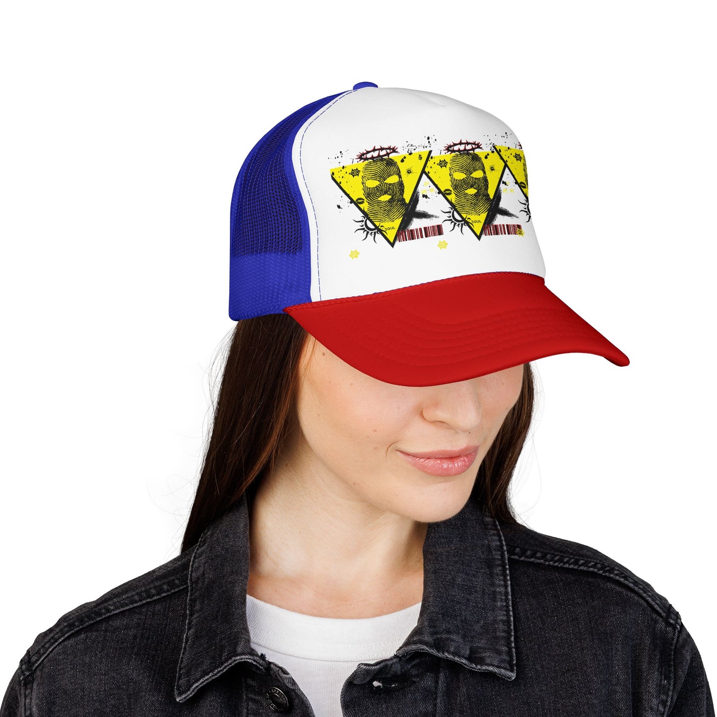 Trucker Hat — Grunge Yellow Skulls Triangle Graphic Foam Cap