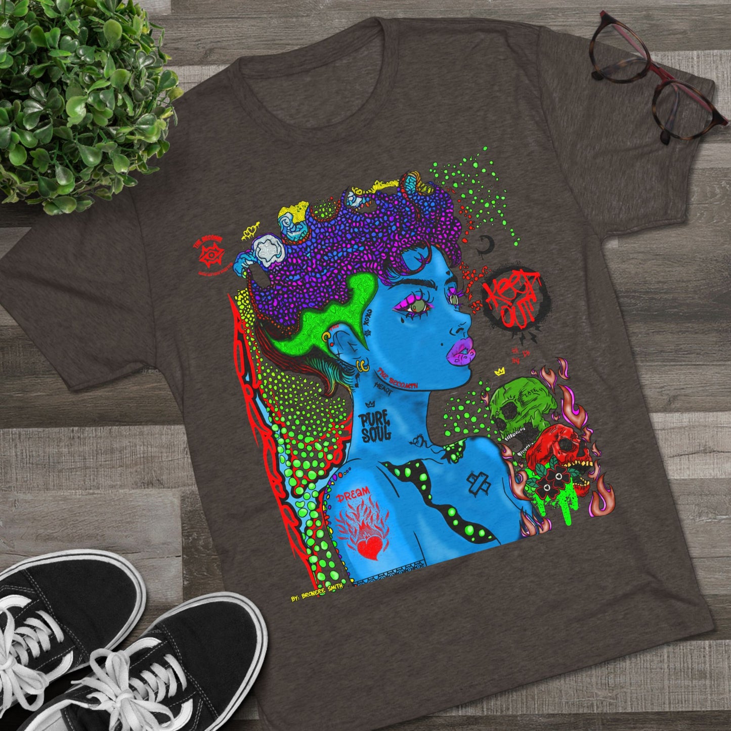 Psychedelic Blue Portrait Tee — Vivid Heart Grasp Graphic T-Shirt