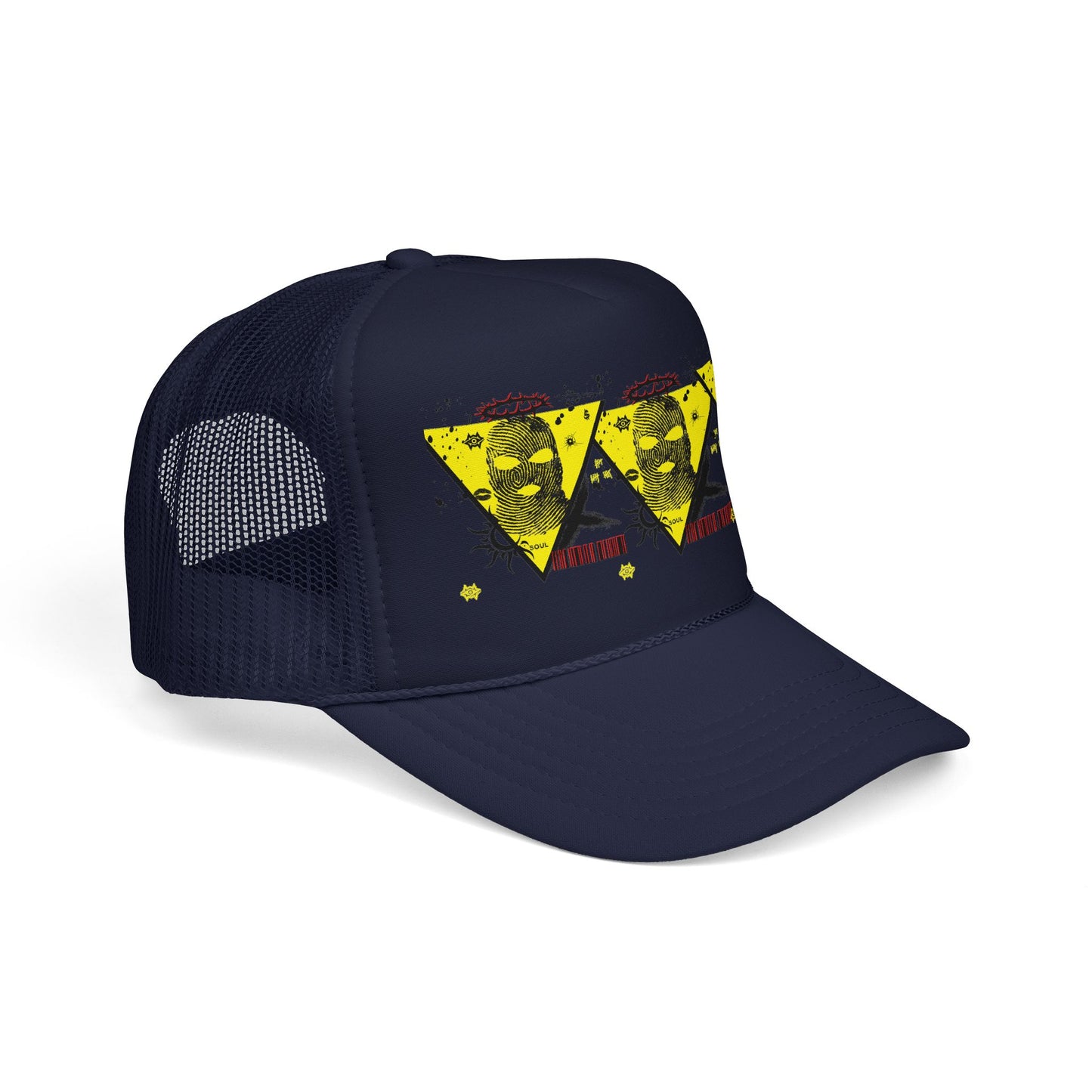 Trucker Hat — Grunge Yellow Skulls Triangle Graphic Foam Cap