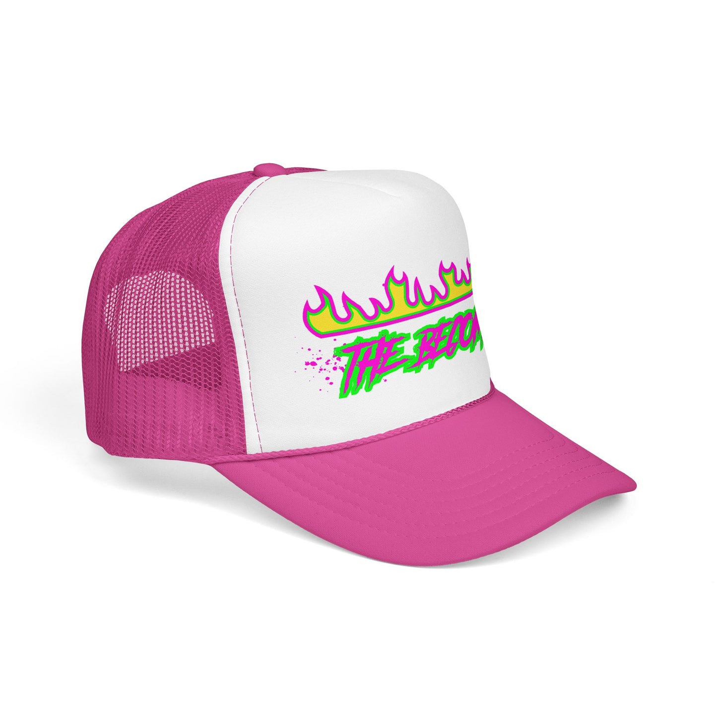 Neon Flame 'The Reccmn' Trucker Hat — Retro 80s Skate Punk Foam Mesh Cap