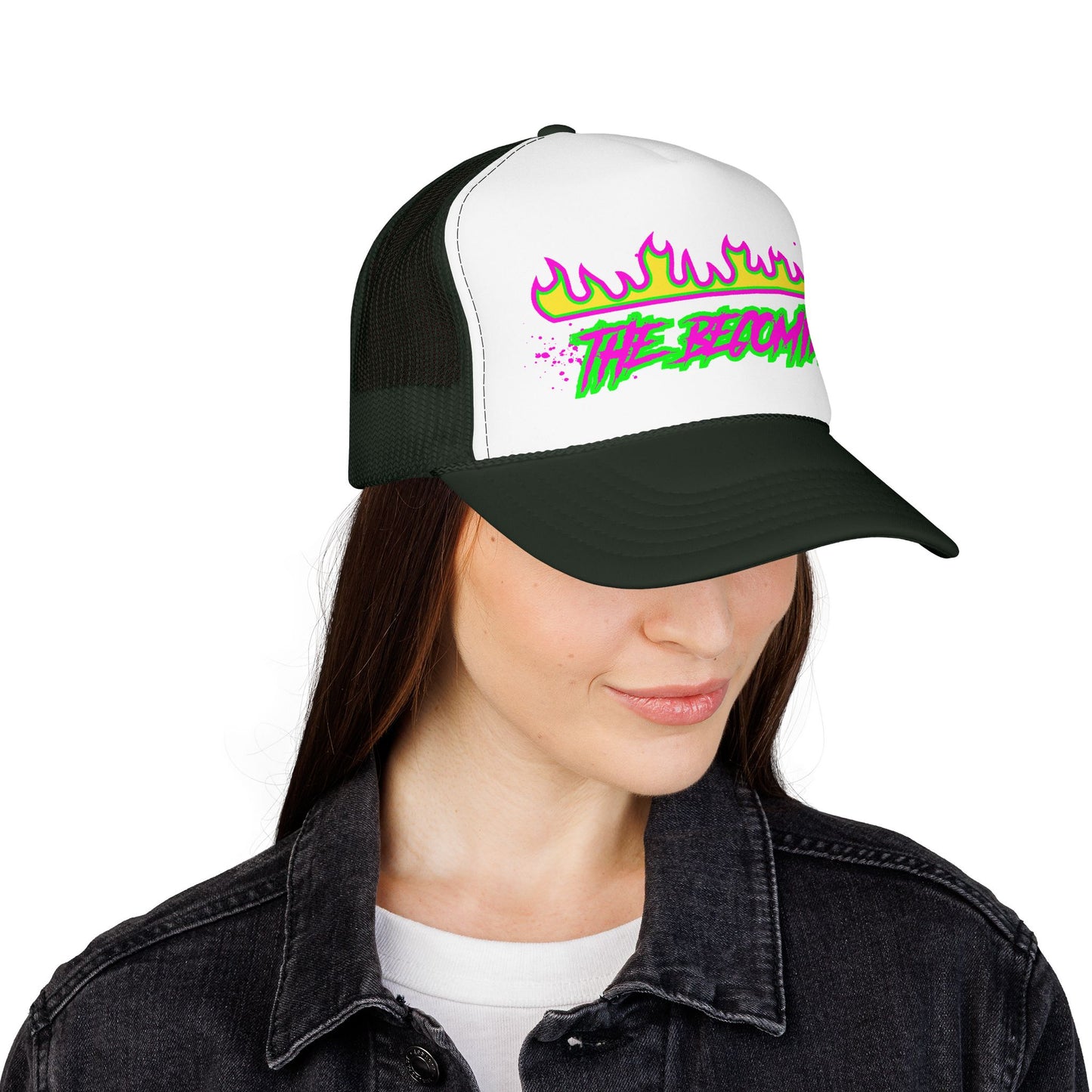 Neon Flame 'The Reccmn' Trucker Hat — Retro 80s Skate Punk Foam Mesh Cap