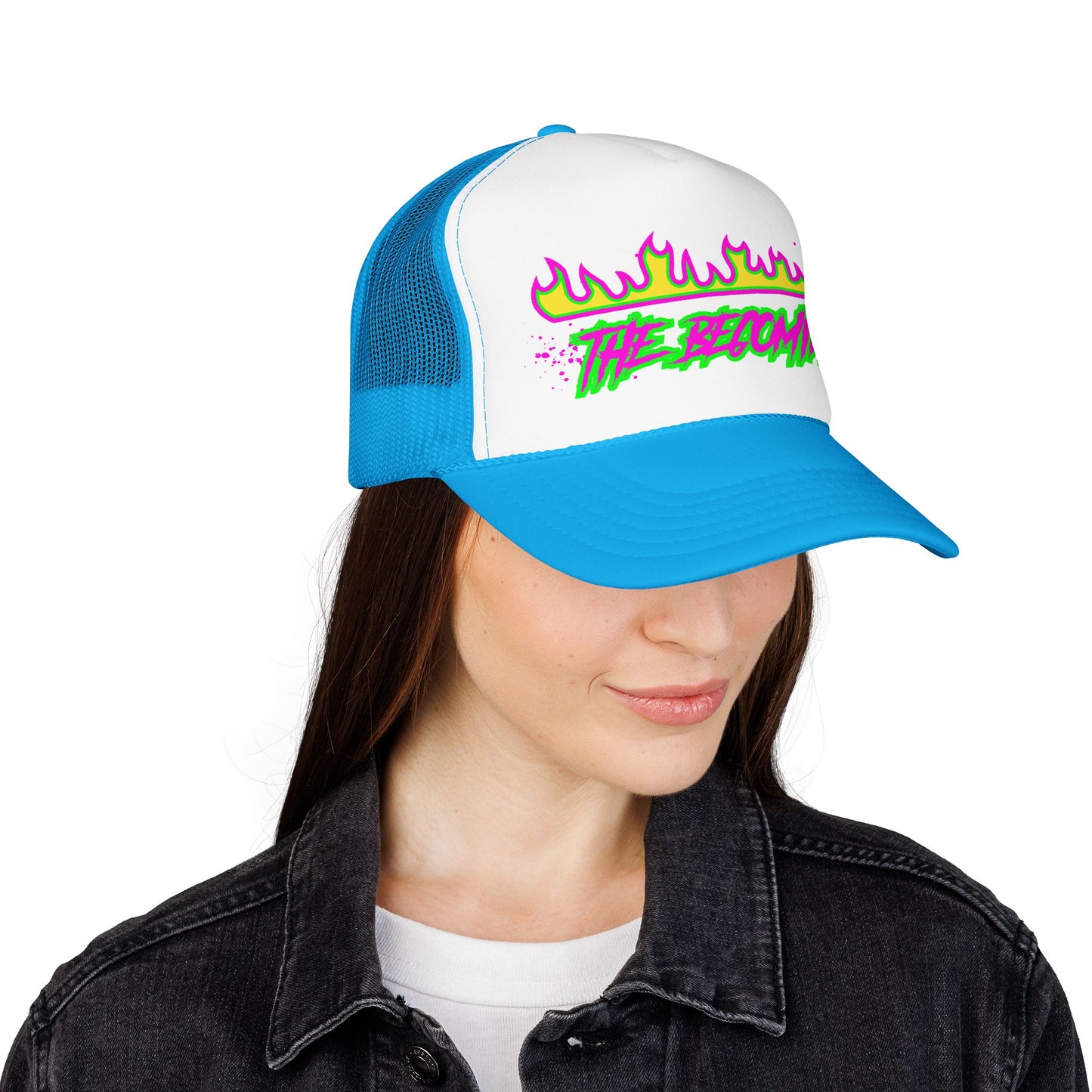 Neon Flame 'The Reccmn' Trucker Hat — Retro 80s Skate Punk Foam Mesh Cap
