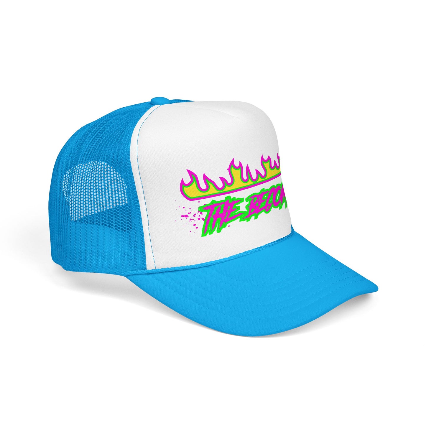 Neon Flame 'The Reccmn' Trucker Hat — Retro 80s Skate Punk Foam Mesh Cap
