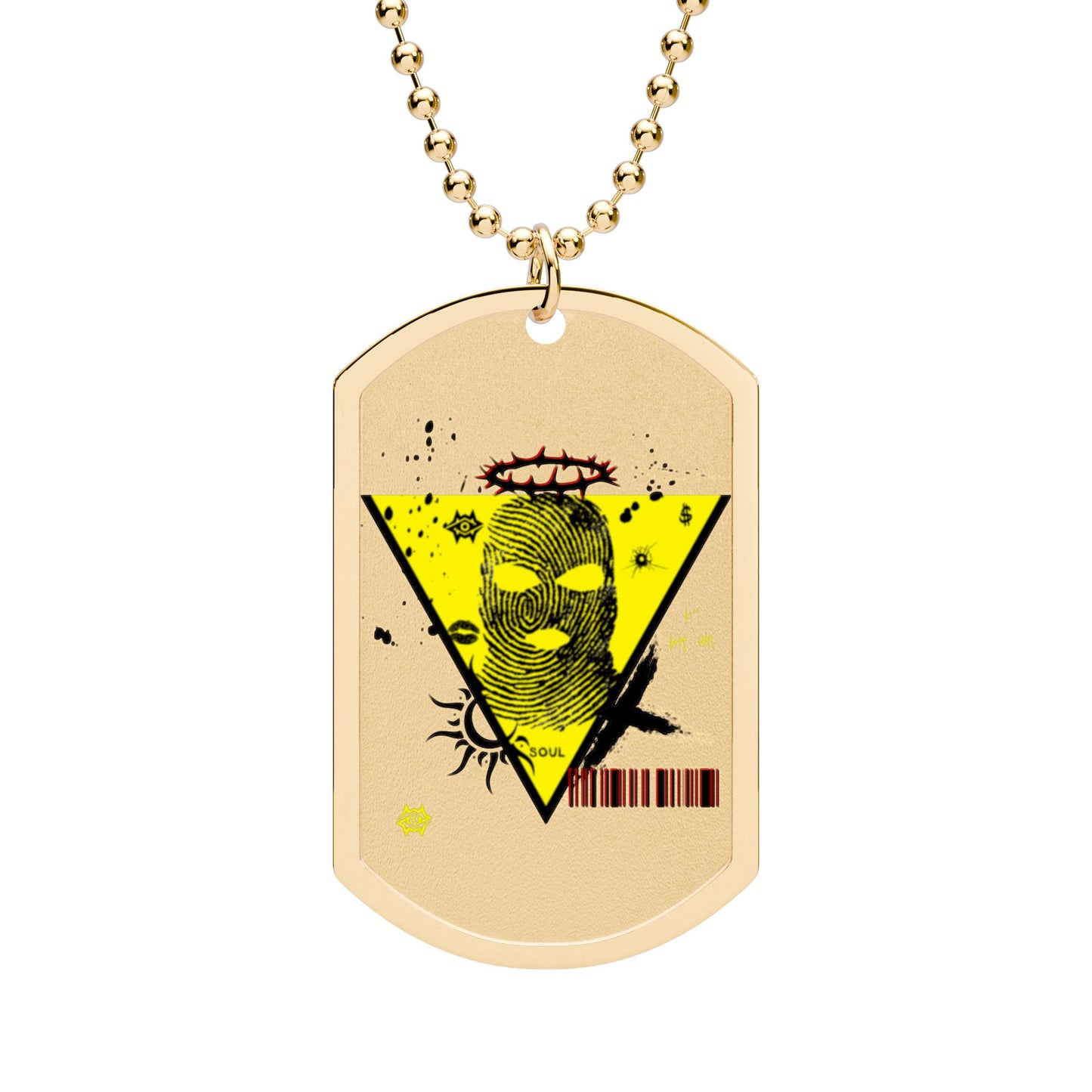 Yellow Triangle Skull Dog Tag Necklace — Edgy Military Chain Pendant