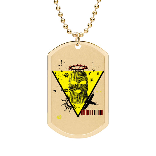 Yellow Triangle Skull Dog Tag Necklace — Edgy Military Chain Pendant
