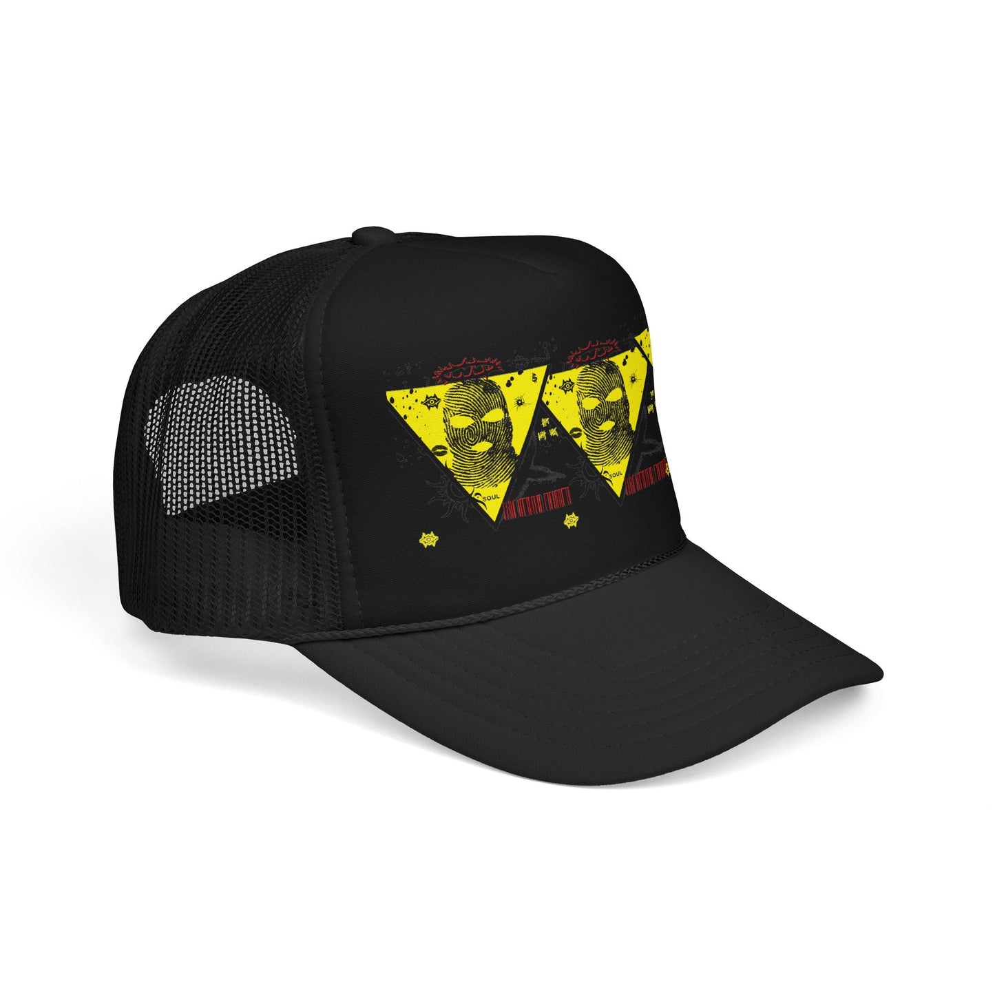 Trucker Hat — Grunge Yellow Skulls Triangle Graphic Foam Cap