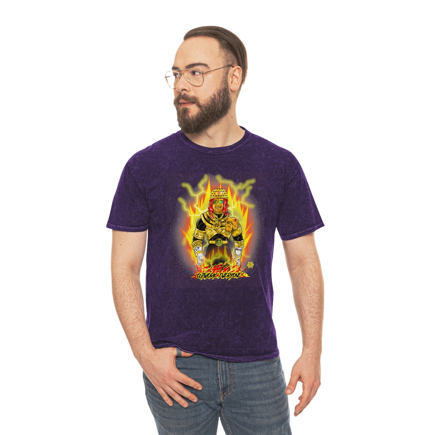 Mineral Wash Graphic Tee — Fiery King Illustration "Outwork Everyone"