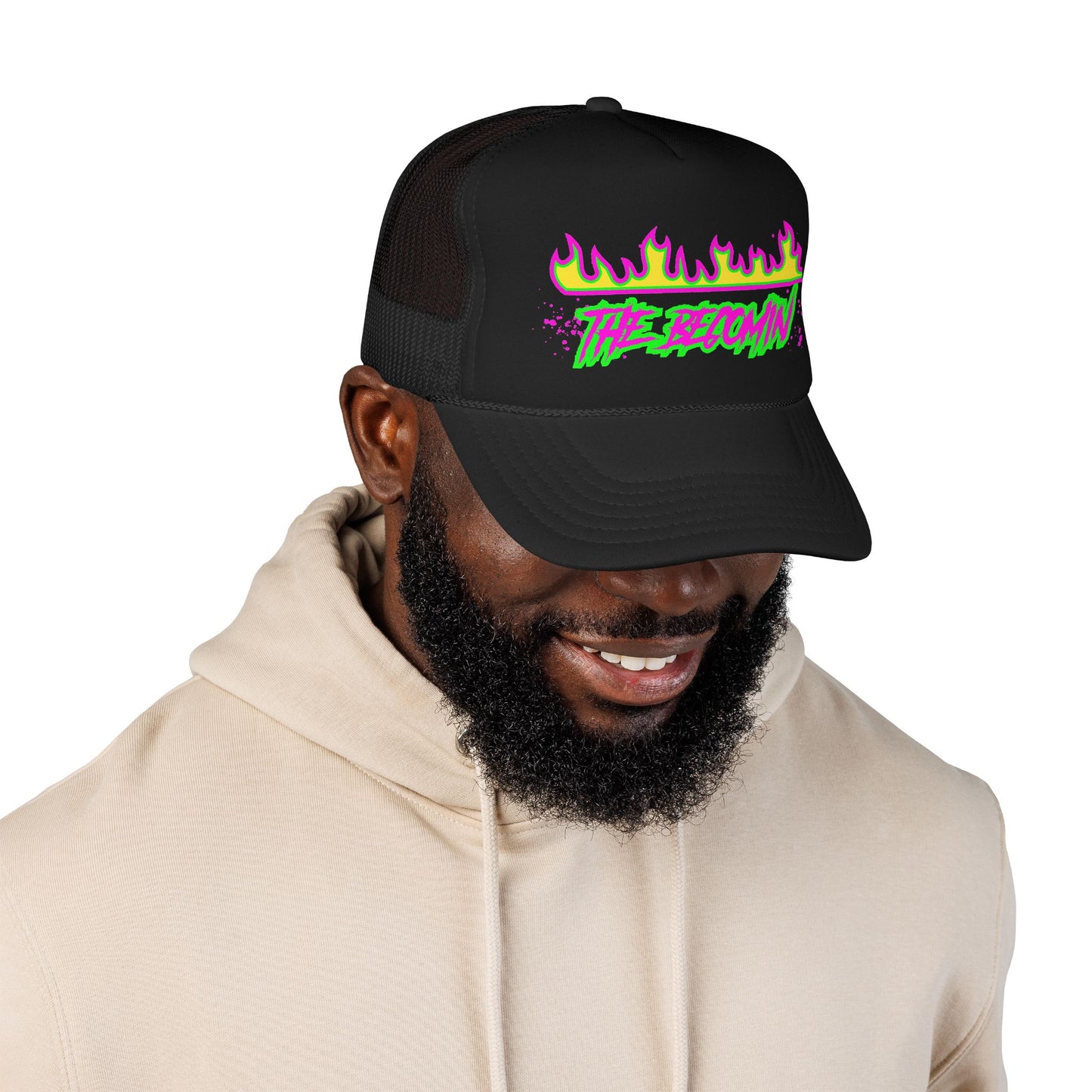 Neon Flame 'The Reccmn' Trucker Hat — Retro 80s Skate Punk Foam Mesh Cap