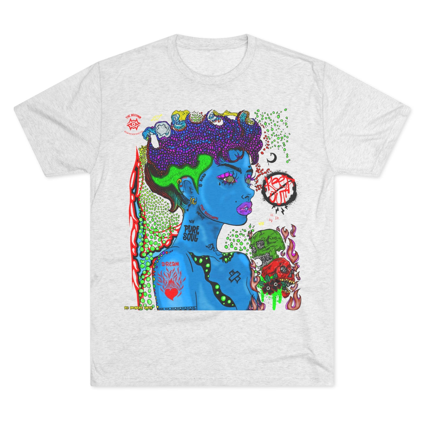 Psychedelic Blue Portrait Tee — Vivid Heart Grasp Graphic T-Shirt