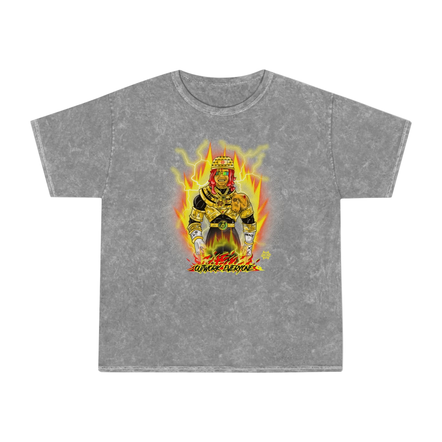 Mineral Wash Graphic Tee — Fiery King Illustration "Outwork Everyone"