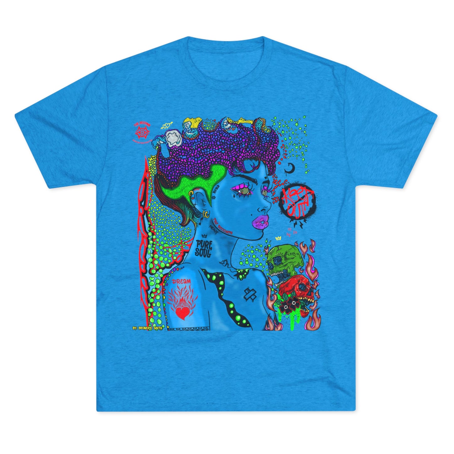 Psychedelic Blue Portrait Tee — Vivid Heart Grasp Graphic T-Shirt