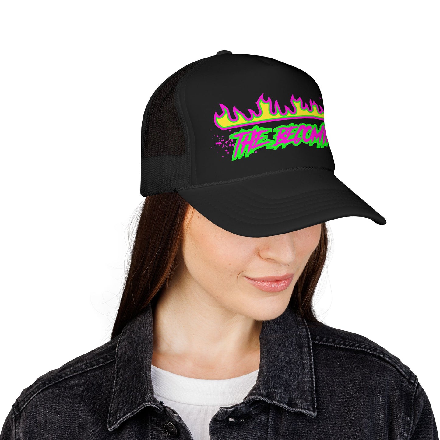 Neon Flame 'The Reccmn' Trucker Hat — Retro 80s Skate Punk Foam Mesh Cap