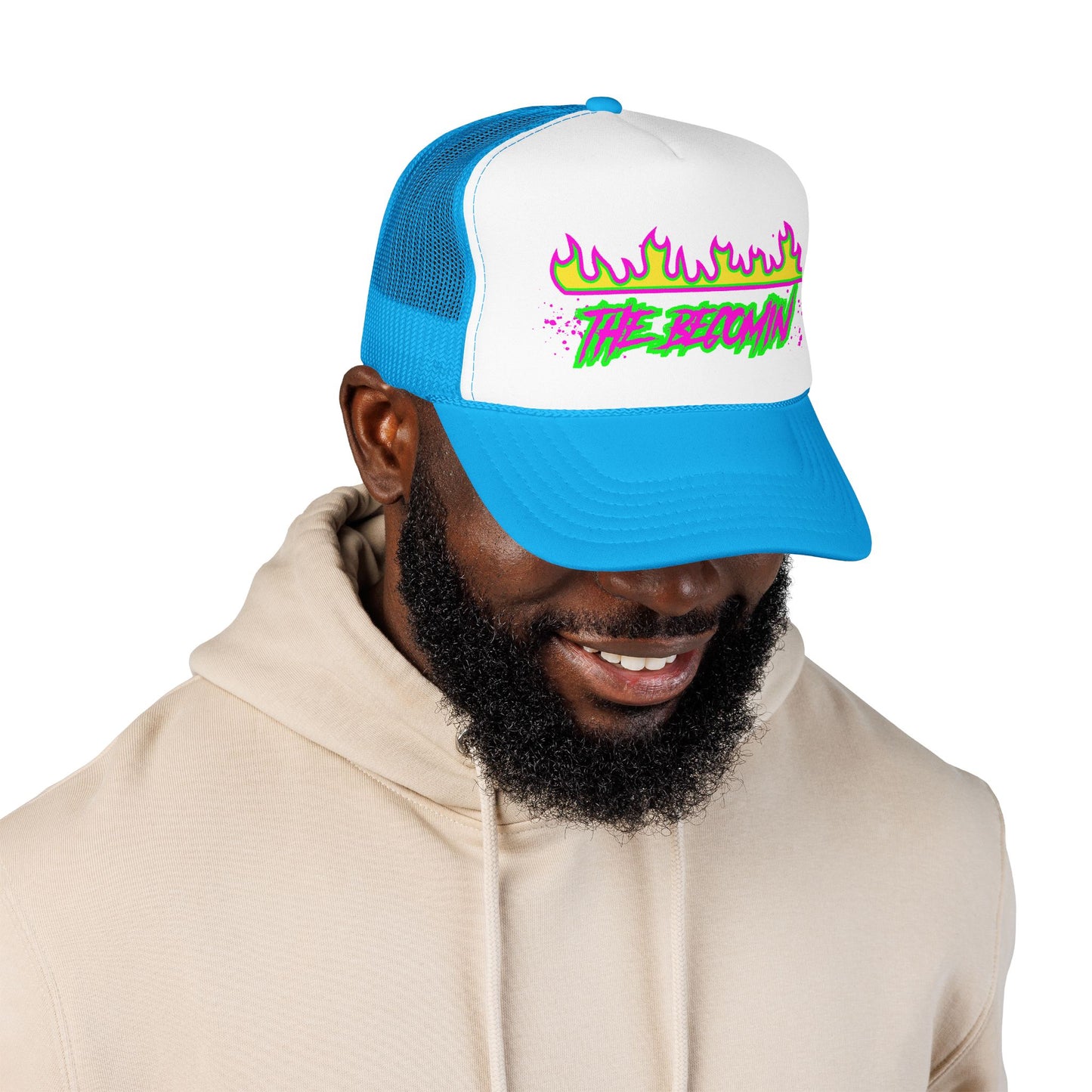 Neon Flame 'The Reccmn' Trucker Hat — Retro 80s Skate Punk Foam Mesh Cap