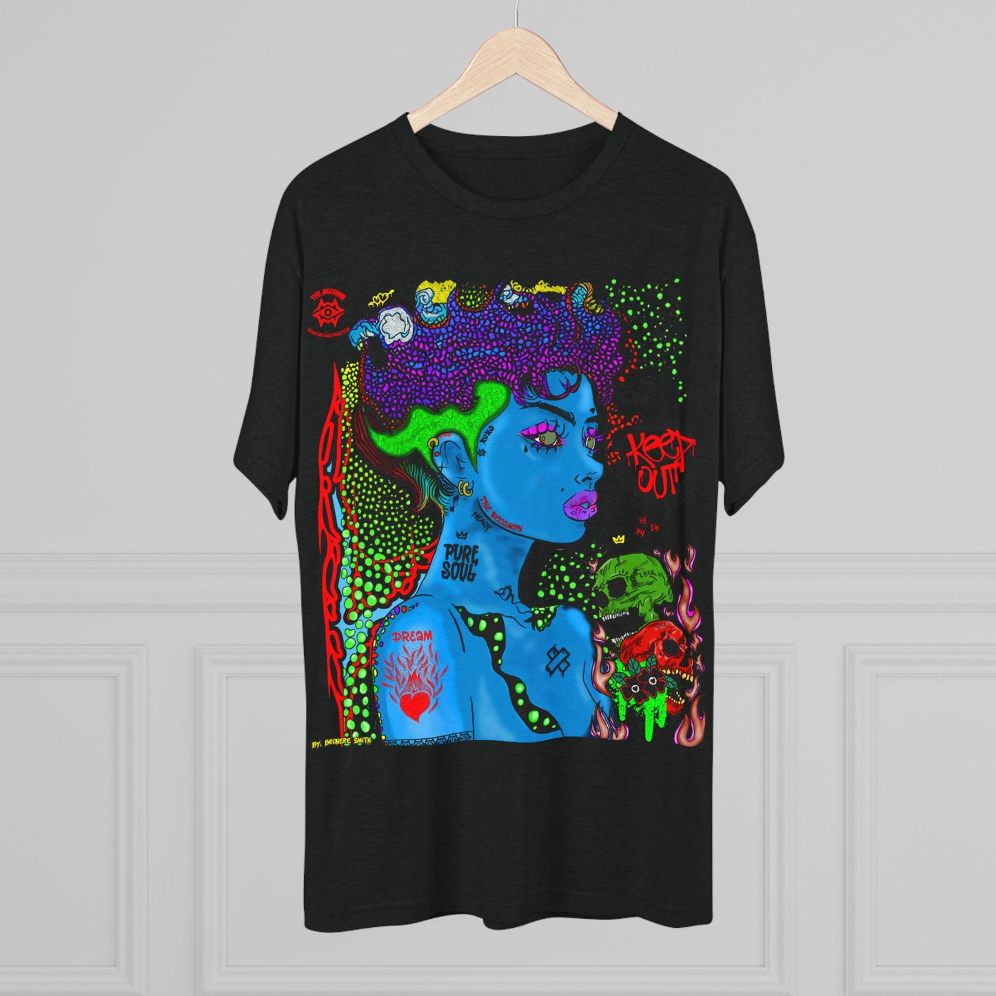 Psychedelic Blue Portrait Tee — Vivid Heart Grasp Graphic T-Shirt