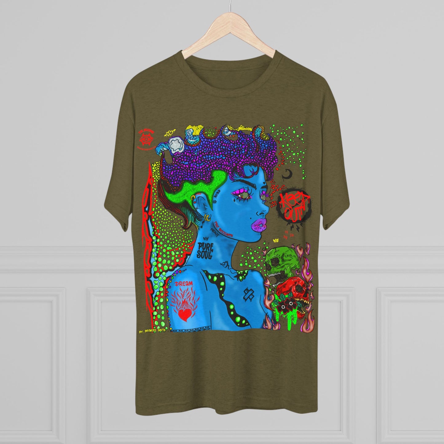 Psychedelic Blue Portrait Tee — Vivid Heart Grasp Graphic T-Shirt