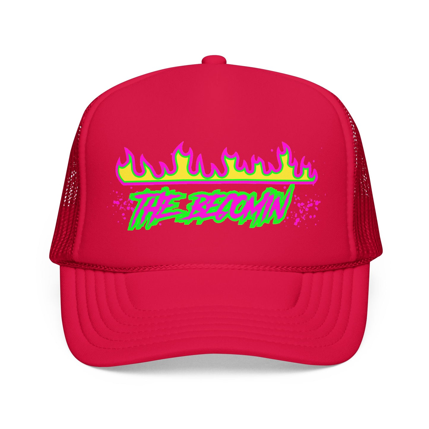 Neon Flame 'The Reccmn' Trucker Hat — Retro 80s Skate Punk Foam Mesh Cap