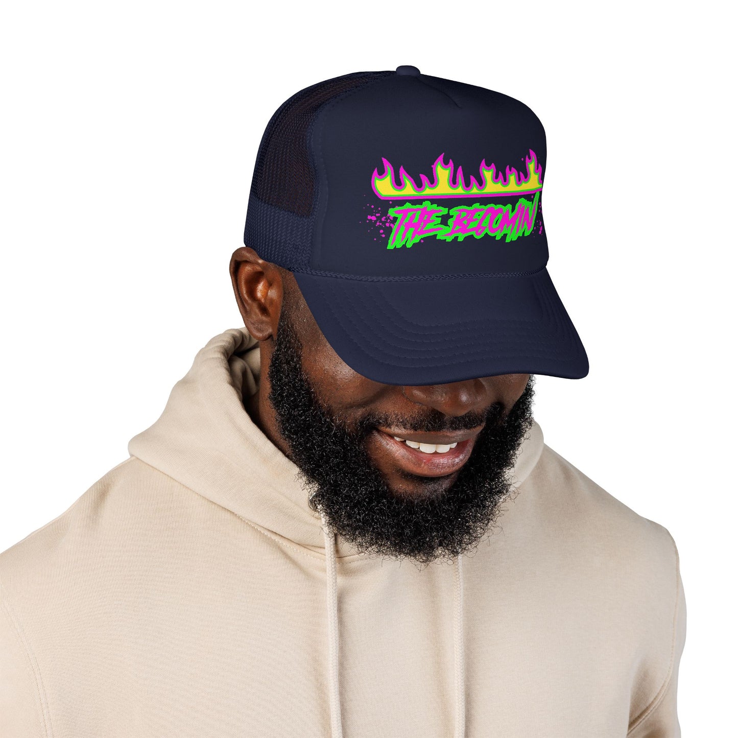 Neon Flame 'The Reccmn' Trucker Hat — Retro 80s Skate Punk Foam Mesh Cap