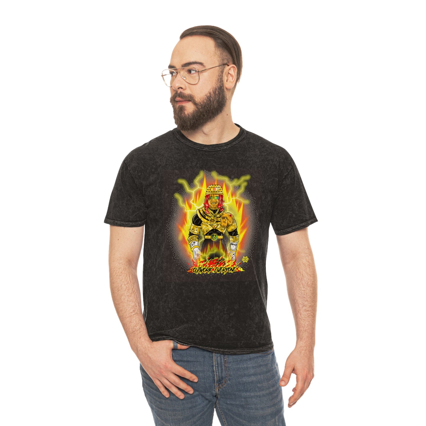 Mineral Wash Graphic Tee — Fiery King Illustration "Outwork Everyone"