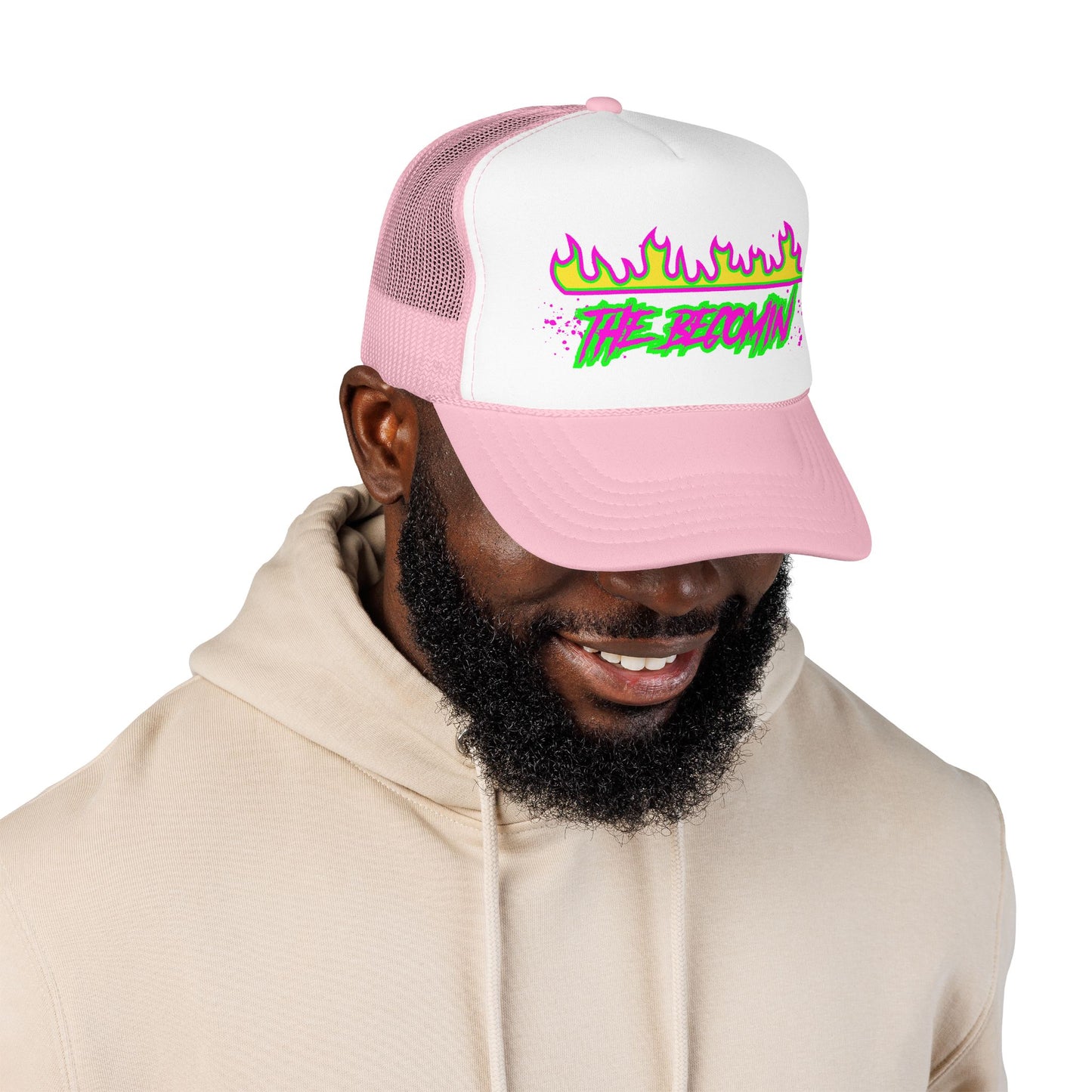 Neon Flame 'The Reccmn' Trucker Hat — Retro 80s Skate Punk Foam Mesh Cap