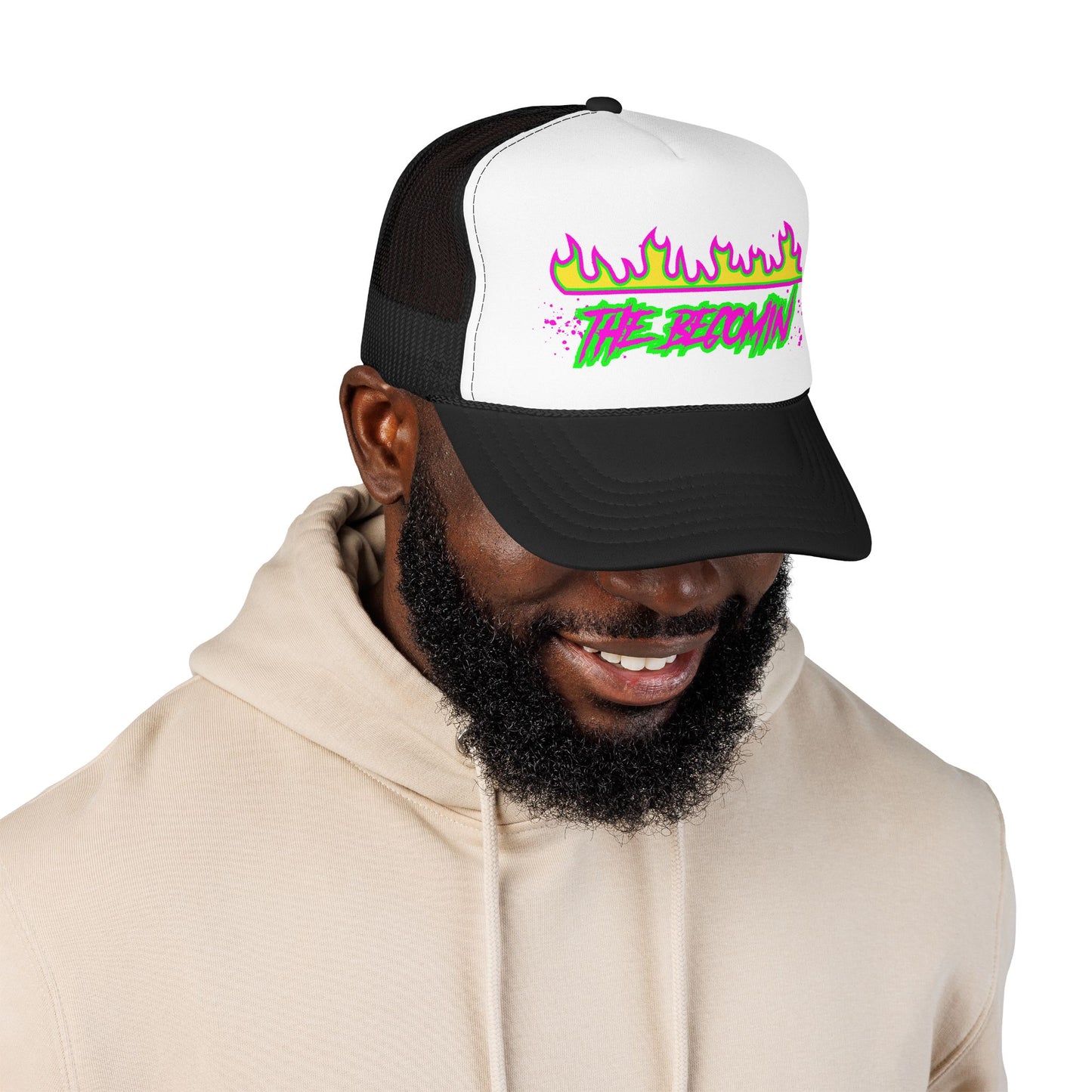 Neon Flame 'The Reccmn' Trucker Hat — Retro 80s Skate Punk Foam Mesh Cap