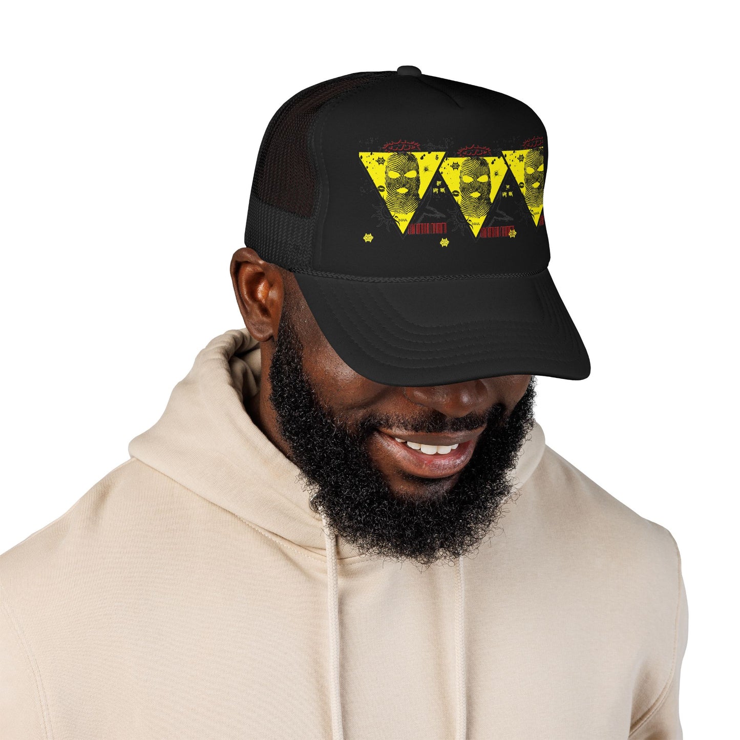 Trucker Hat — Grunge Yellow Skulls Triangle Graphic Foam Cap