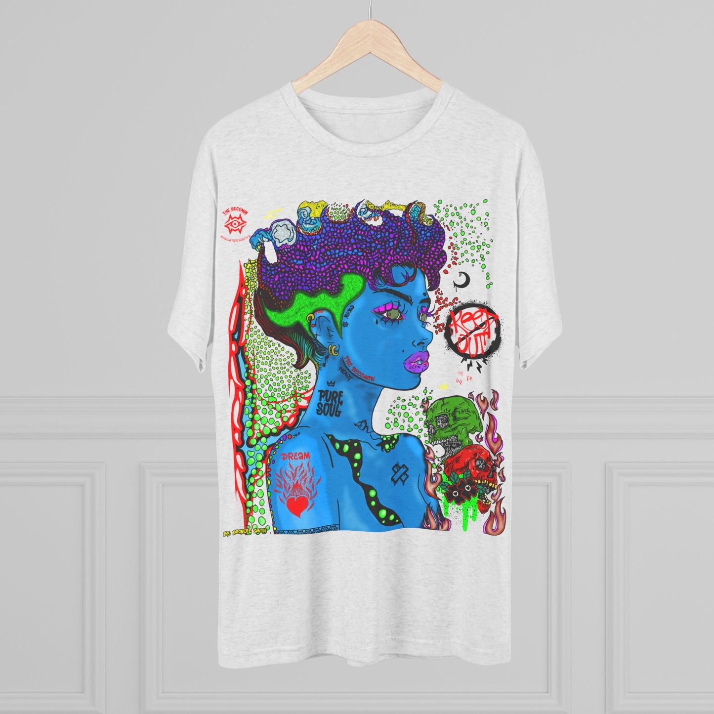 Psychedelic Blue Portrait Tee — Vivid Heart Grasp Graphic T-Shirt
