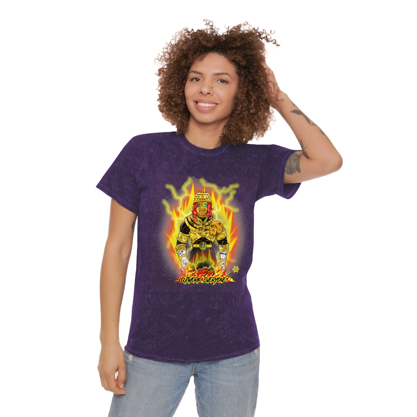 Mineral Wash Graphic Tee — Fiery King Illustration "Outwork Everyone"