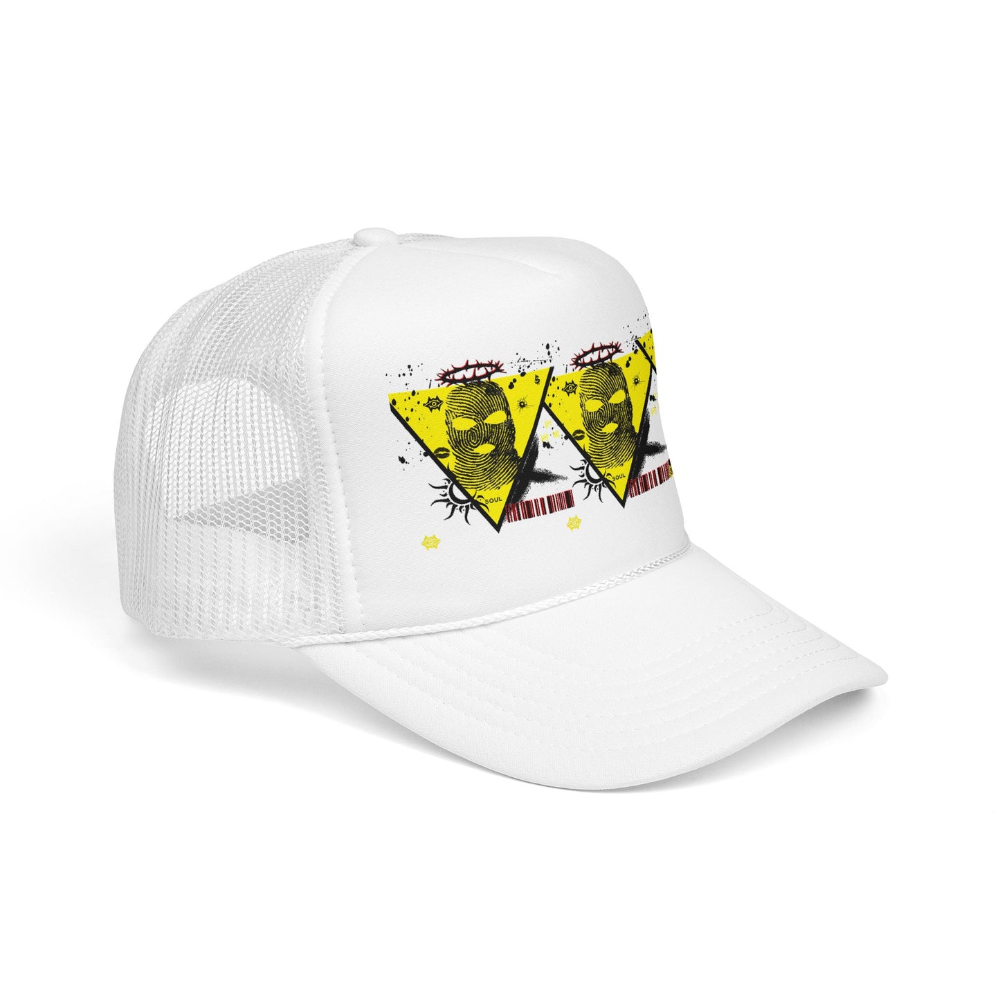 Trucker Hat — Grunge Yellow Skulls Triangle Graphic Foam Cap