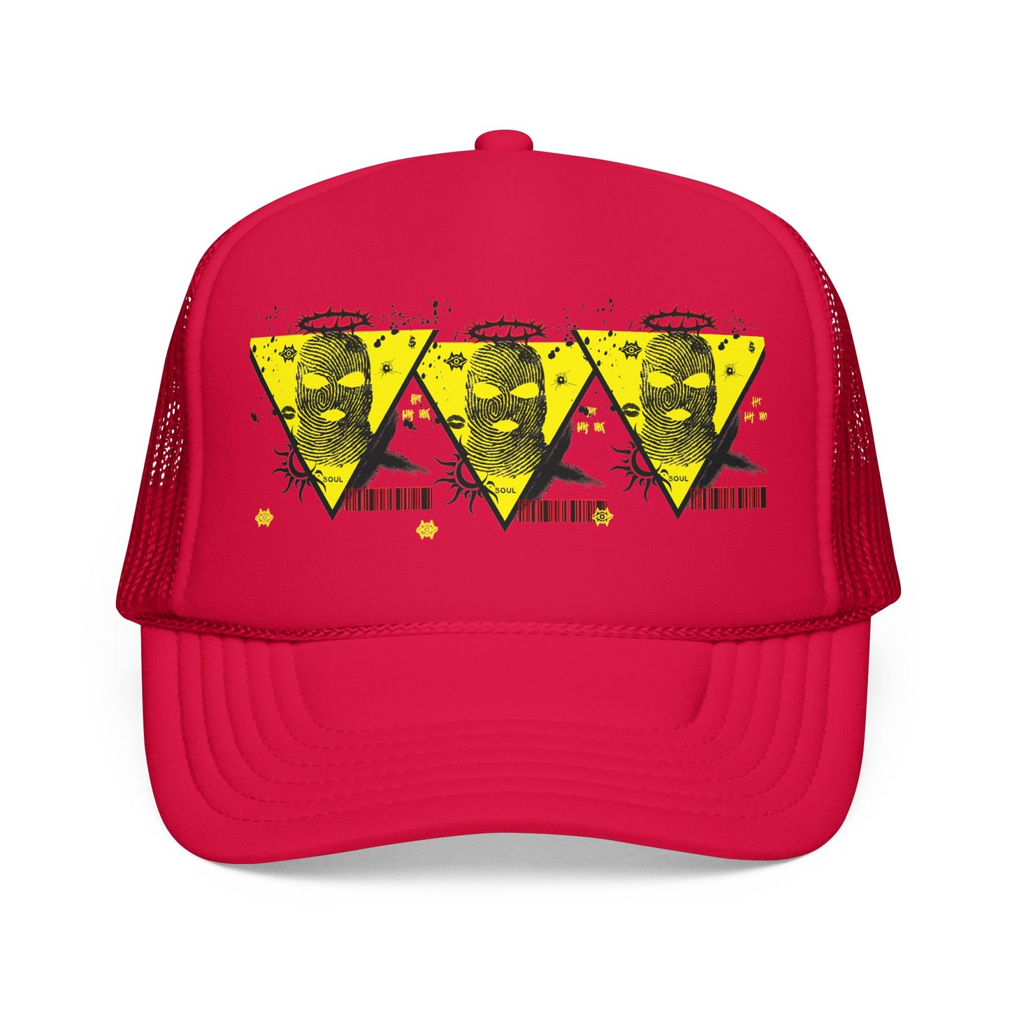 Trucker Hat — Grunge Yellow Skulls Triangle Graphic Foam Cap