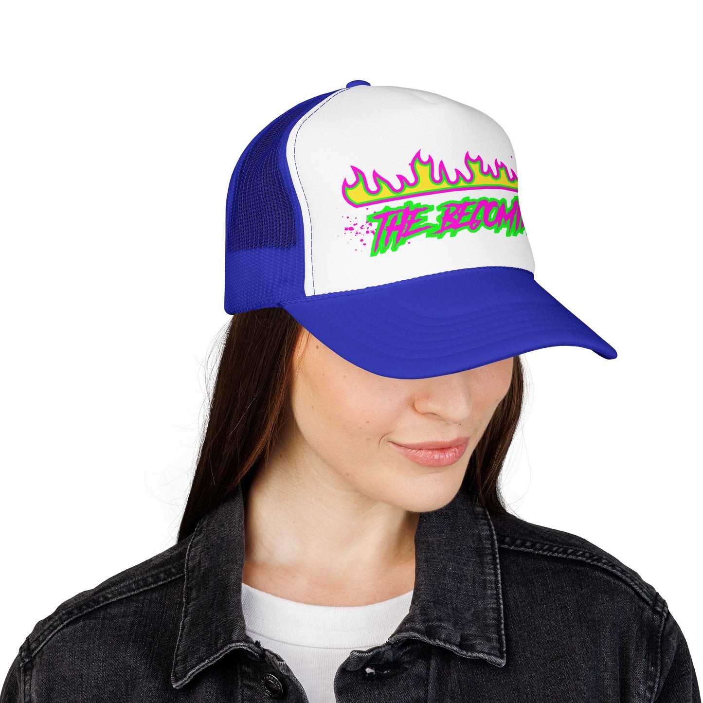 Neon Flame 'The Reccmn' Trucker Hat — Retro 80s Skate Punk Foam Mesh Cap