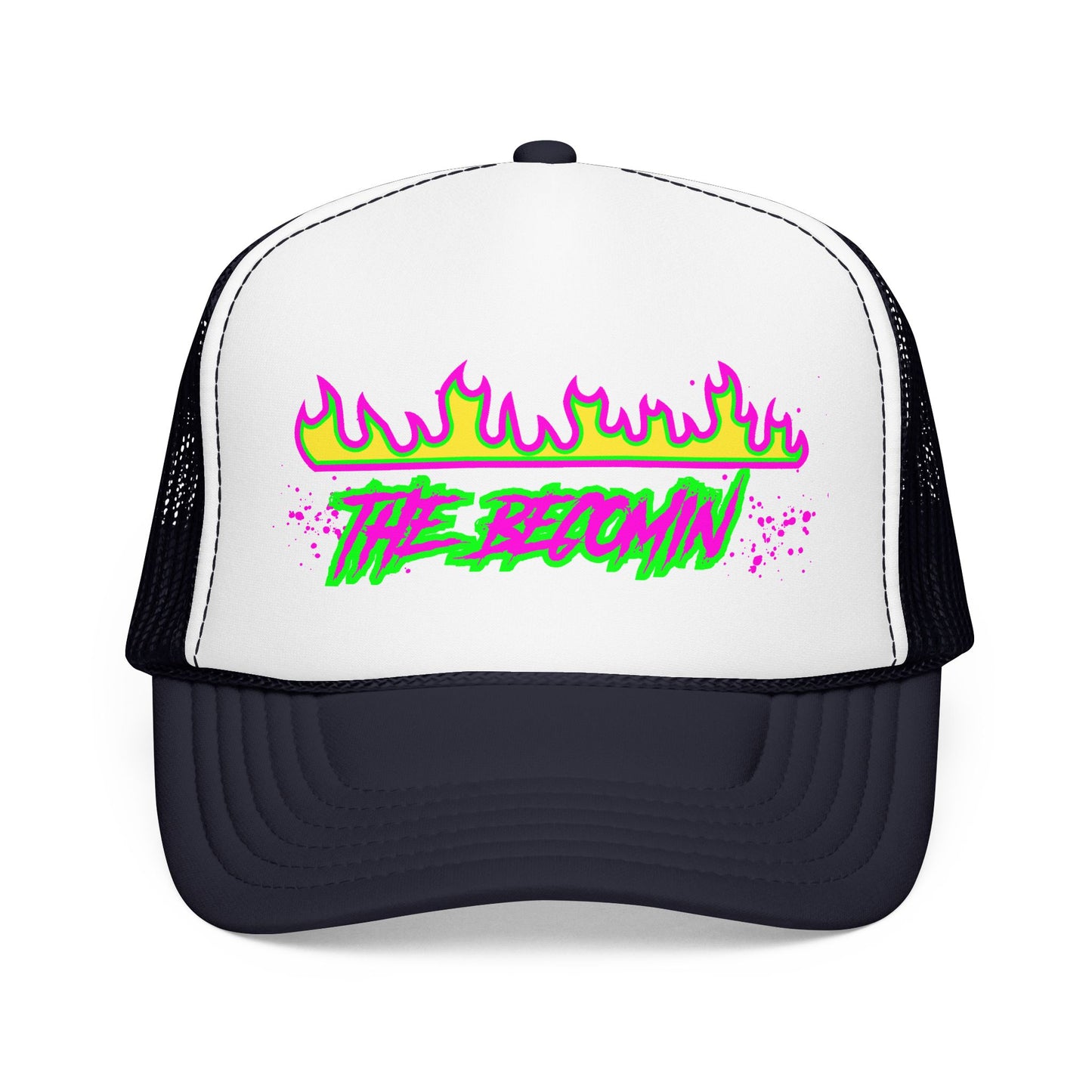 Neon Flame 'The Reccmn' Trucker Hat — Retro 80s Skate Punk Foam Mesh Cap