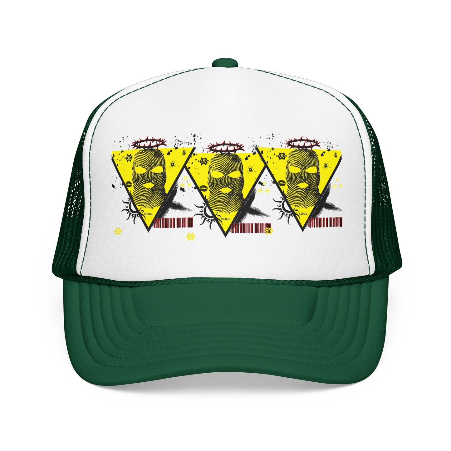 Trucker Hat — Grunge Yellow Skulls Triangle Graphic Foam Cap