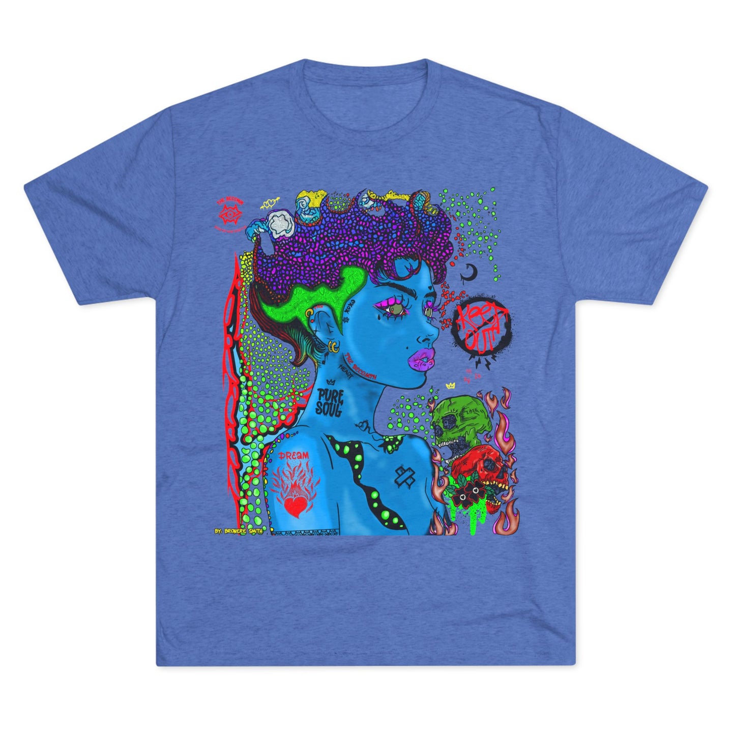 Psychedelic Blue Portrait Tee — Vivid Heart Grasp Graphic T-Shirt