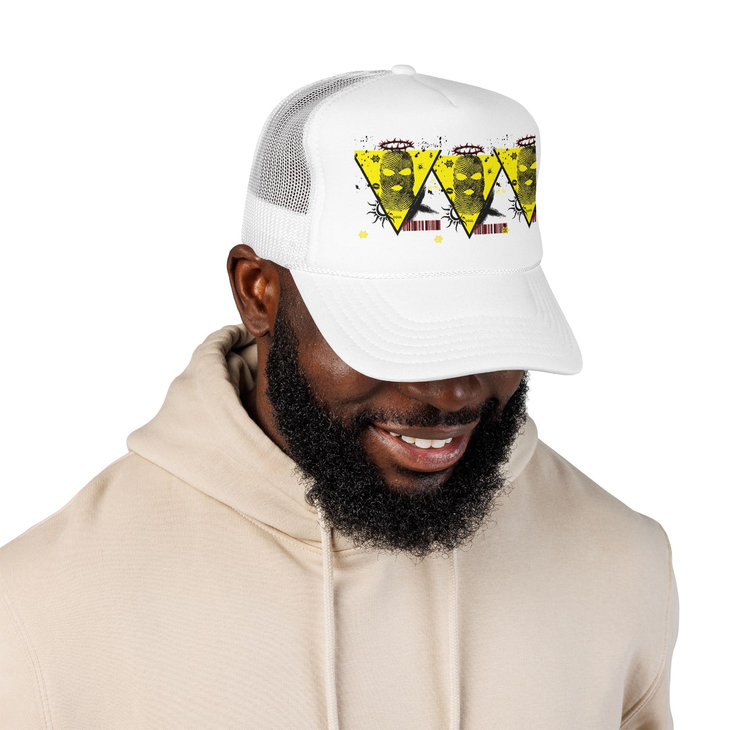 Trucker Hat — Grunge Yellow Skulls Triangle Graphic Foam Cap