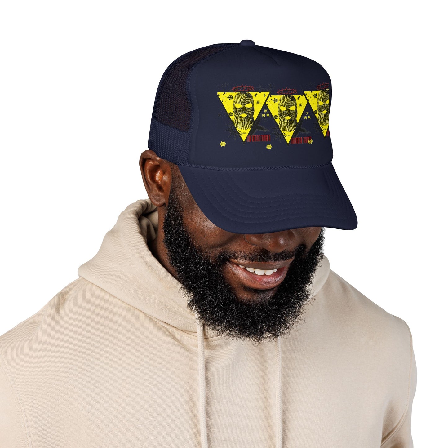 Trucker Hat — Grunge Yellow Skulls Triangle Graphic Foam Cap