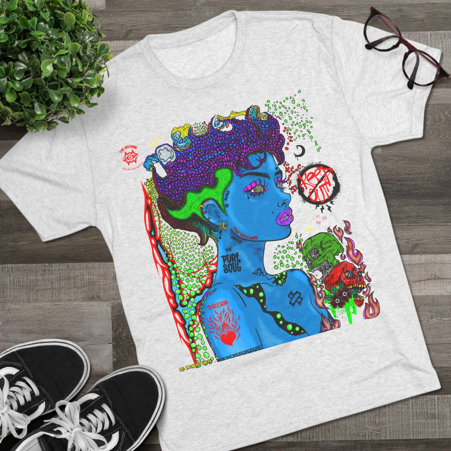 Psychedelic Blue Portrait Tee — Vivid Heart Grasp Graphic T-Shirt