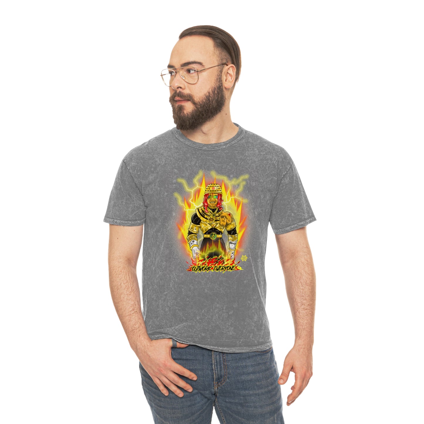 Mineral Wash Graphic Tee — Fiery King Illustration "Outwork Everyone"